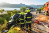 Frühunfall bei Treffen: Pkw in Graben geschleudert – Lenkerin mit hydraulischem Gerät befreit