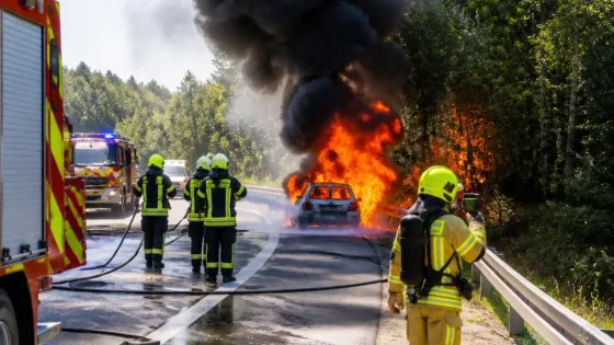 Brennender Pkw auf S36 bei Zeltweg löst Feuerwehreinsatz und Vegetationsbrand aus