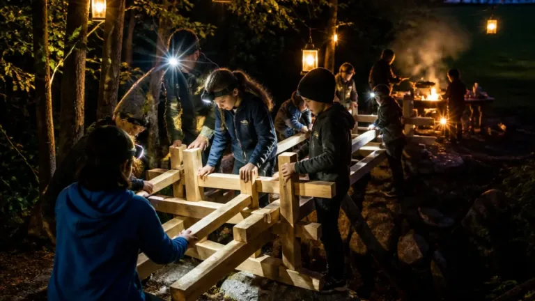 37 Kinder bauen im Wald eine tragfähige Da-Vinci‑Brücke und erleben Gemeinschaft