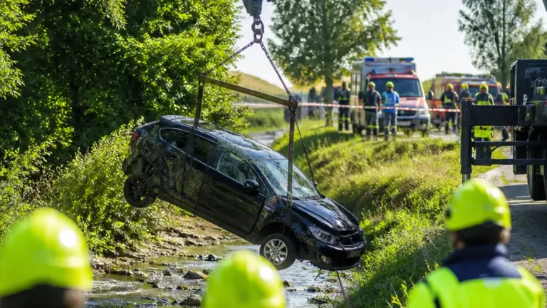 Abgestellter Pkw rollt in Bach: Feuerwehr Ried sichert Fahrzeug mit Ladekran