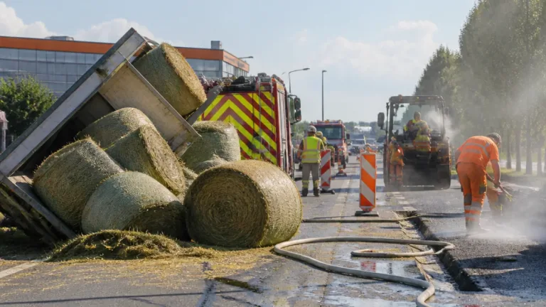 Anhänger mit Rundballen stürzt in Dietach um – Einsatz der Feuerwehren, Fahrbahn repariert