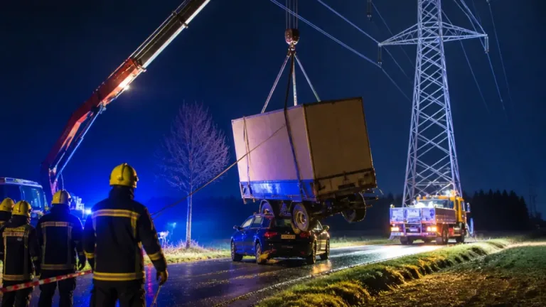 Anhänger unter Hochspannungsleitung: Feuerwehreinsatz in Güttenbach fordert Abschaltung der Leitung