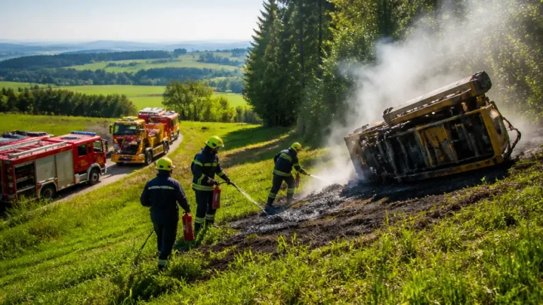 Anrainer stoppen Feuer nach Umsturz einer Baumaschine in Neufelden