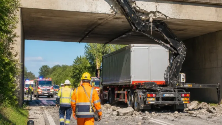 Ausgefahrener LKW-Kran prallt gegen Unterführung auf B70b – Fahrer verletzt