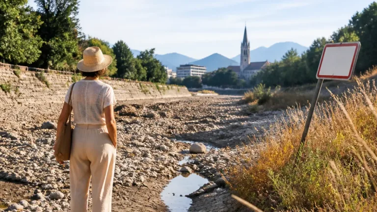 Ausgetrocknetes Bachbett an heißen Sommertagen weist auf lokale Wasserknappheit hin