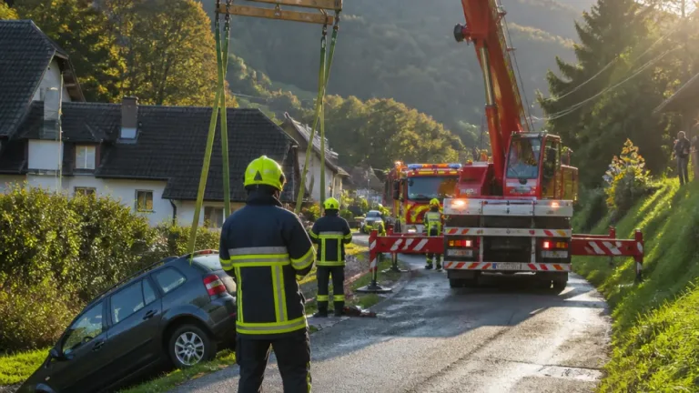 Auto bei Rangiermanöver in Ybbsitz im Straßengraben – Feuerwehren hoben Wagen mit Kran