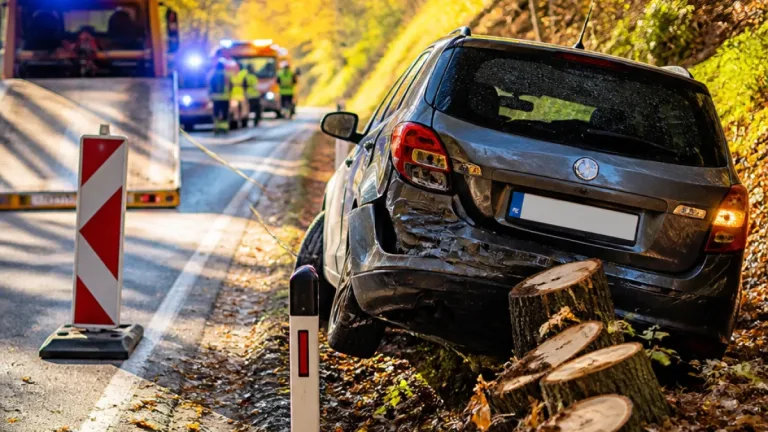 Auto kommt in Wels-Oberthan vor einer Kurve von der Straße ab und prallt gegen Baumstümpfe
