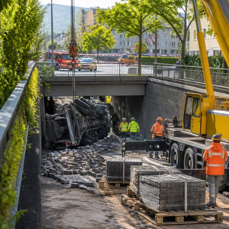 Lkw kippt in Bahnunterführung in Straßwalchen — Fahrer leicht verletzt, Bahnhofstraße stundenlang gesperrt