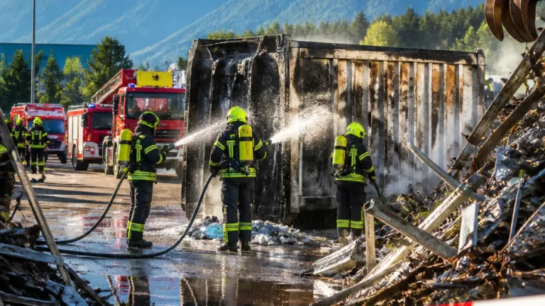 Containerbrand in Schwaz: Feuerwehr führt Nachlöscharbeiten durch