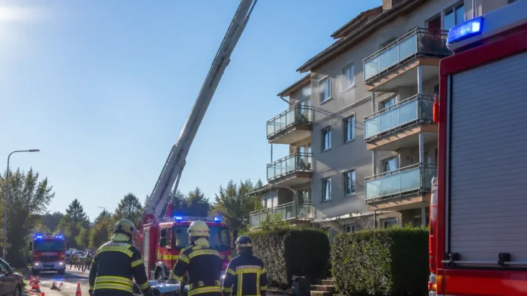 Feuerwehr mit Teleskopmastbühne unterstützt Rettungsdienst bei Personenabtransport in Stadl‑Paura