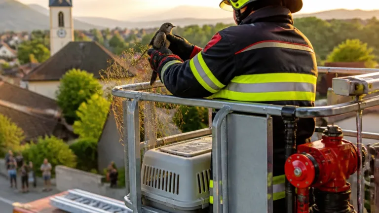 Feuerwehr Waiern befreit erschöpften Mauersegler mit Hubsteiger