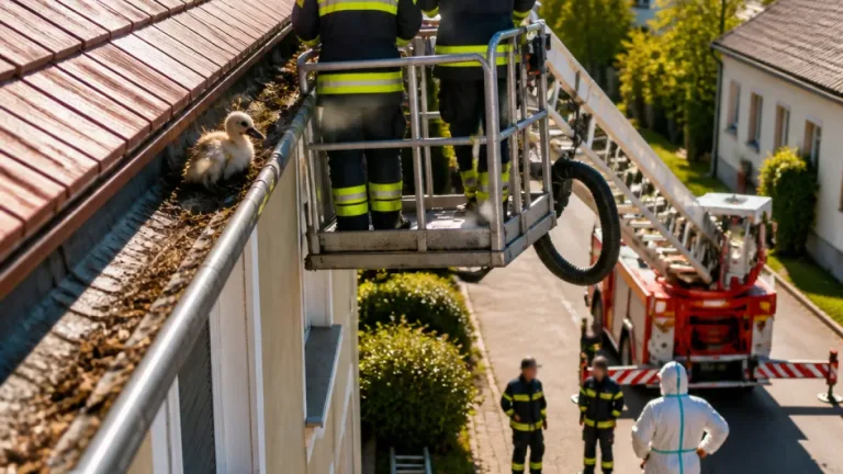Feuerwehr Zwettl-Stadt rettet verletzten Jungstorch aus Dachrinne