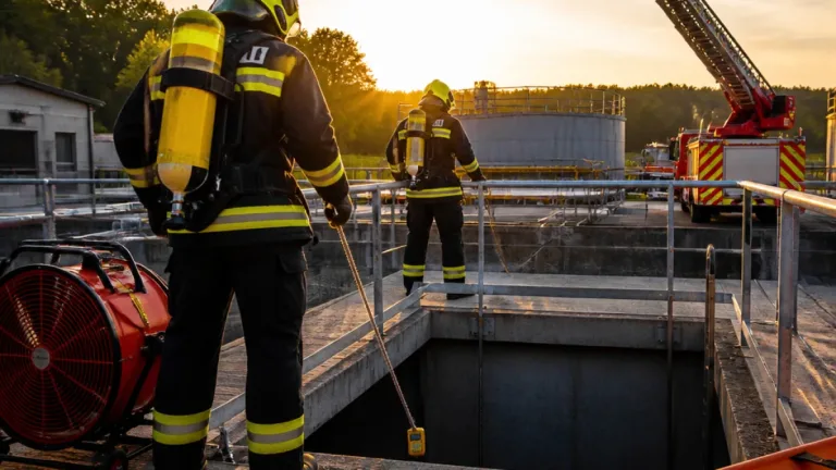 Feuerwehrübung in Kläranlage: Atemschutzrettung aus unterirdischem Becken geübt