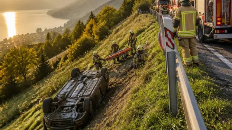 Gewaltiger Fahrzeugabsturz bei Millstatt: Vier Insassen verletzt, aufwändige Bergung