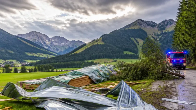 Gewitter zerrt Blechdach von Schreinerei – Baum blockiert Straße in Mittelberg