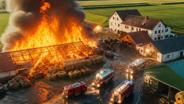 Großbrand in Wildendürnbach: Hunderte Strohballen in Flammen — Feuerwehr im Großeinsatz