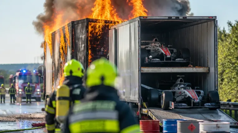 Großeinsatz auf A5: Renntransporter mit Formel‑4‑Boliden und Gefahrgut in Flammen