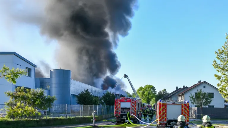 Großer Brand von Kunststoffpressen bei Logistikzentrum sorgt für weithin sichtbare Rauchwolke
