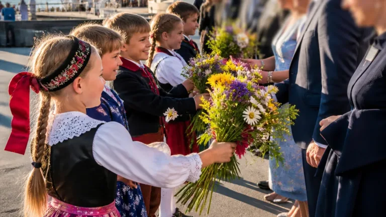Kindertrachtenpaare begrüßen Ehrengäste bei Eröffnung der 80. Bregenzer Festspiele