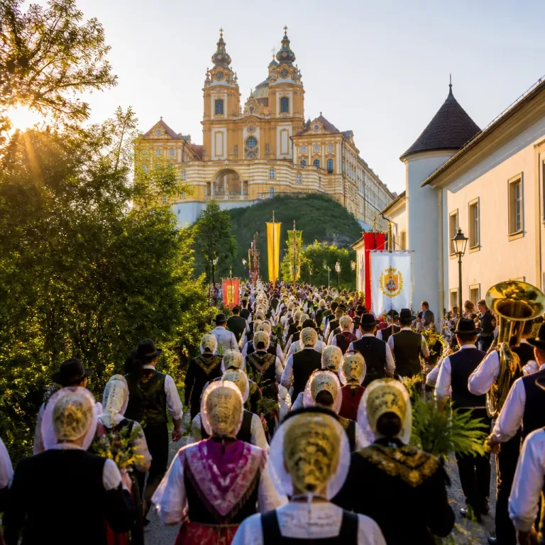 Goldhauben und Trachten ziehen am 15. August in festlichem Zug nach Melk