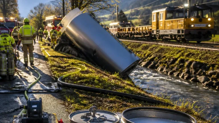 Lkw mit Milch gerät in Wörgl auf Radweg und rutscht Böschung hinunter