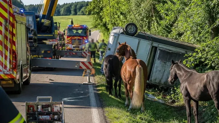 Pferdeanhänger stürzt von Zugfahrzeug: Drei Tiere nach aufwändiger Rettung unversehrt
