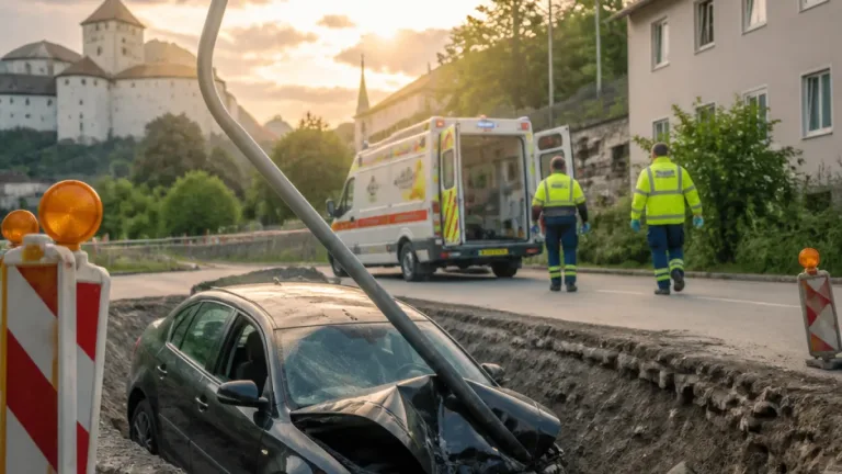 Pkw fährt in Baugrube auf der Salurner Straße in Kufstein