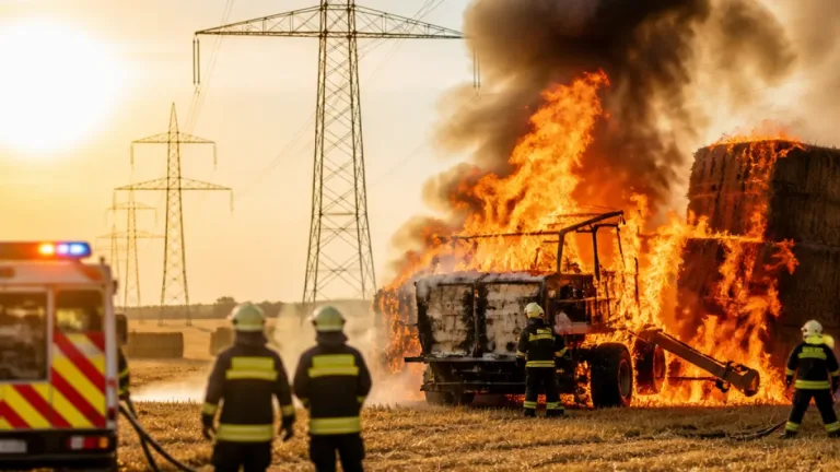 Quaderballenpresse in Tolleterau in Vollbrand – Hochspannungsleitung erschwerte Löscharbeiten