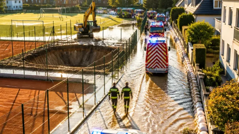 Rohrbruch in Leonding überflutet Straße sowie Sportplätze