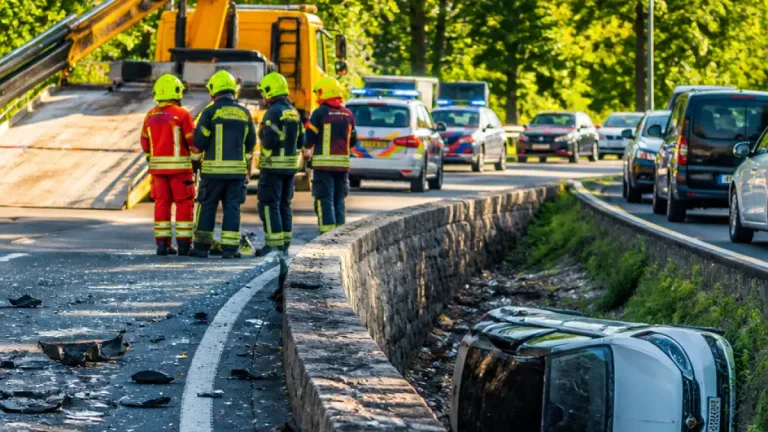 Spektakulärer Unfall auf der B129 in Leonding: E-Auto stürzt von Mauer