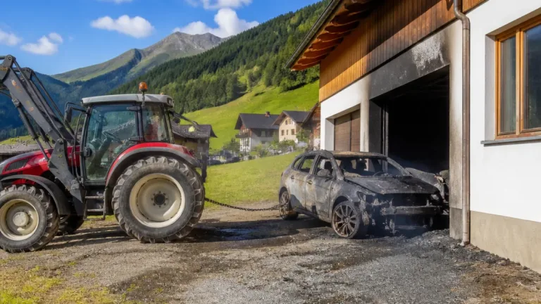 Traktor als Retter: Brennender Pkw aus Garage gezogen – Totalschaden in Jerzens