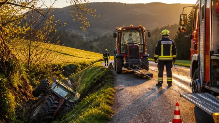 Traktor stürzt in Rohrbachgraben: Feuerwehr sichert Fahrzeug und verhindert Schlimmeres